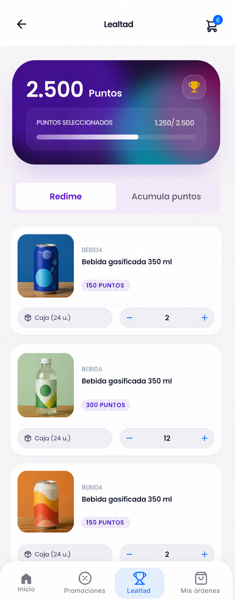 Programa de lealtad con bebidas genéricas y redención de puntos en Nilo Commerce