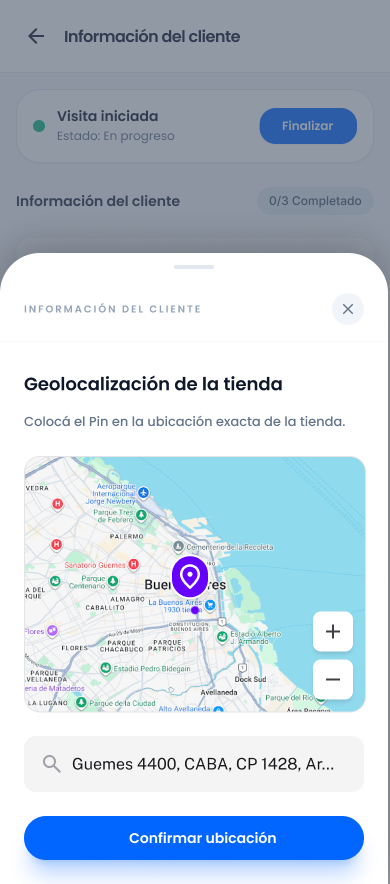 Pantalla de geolocalización de la tienda en Nilo Force